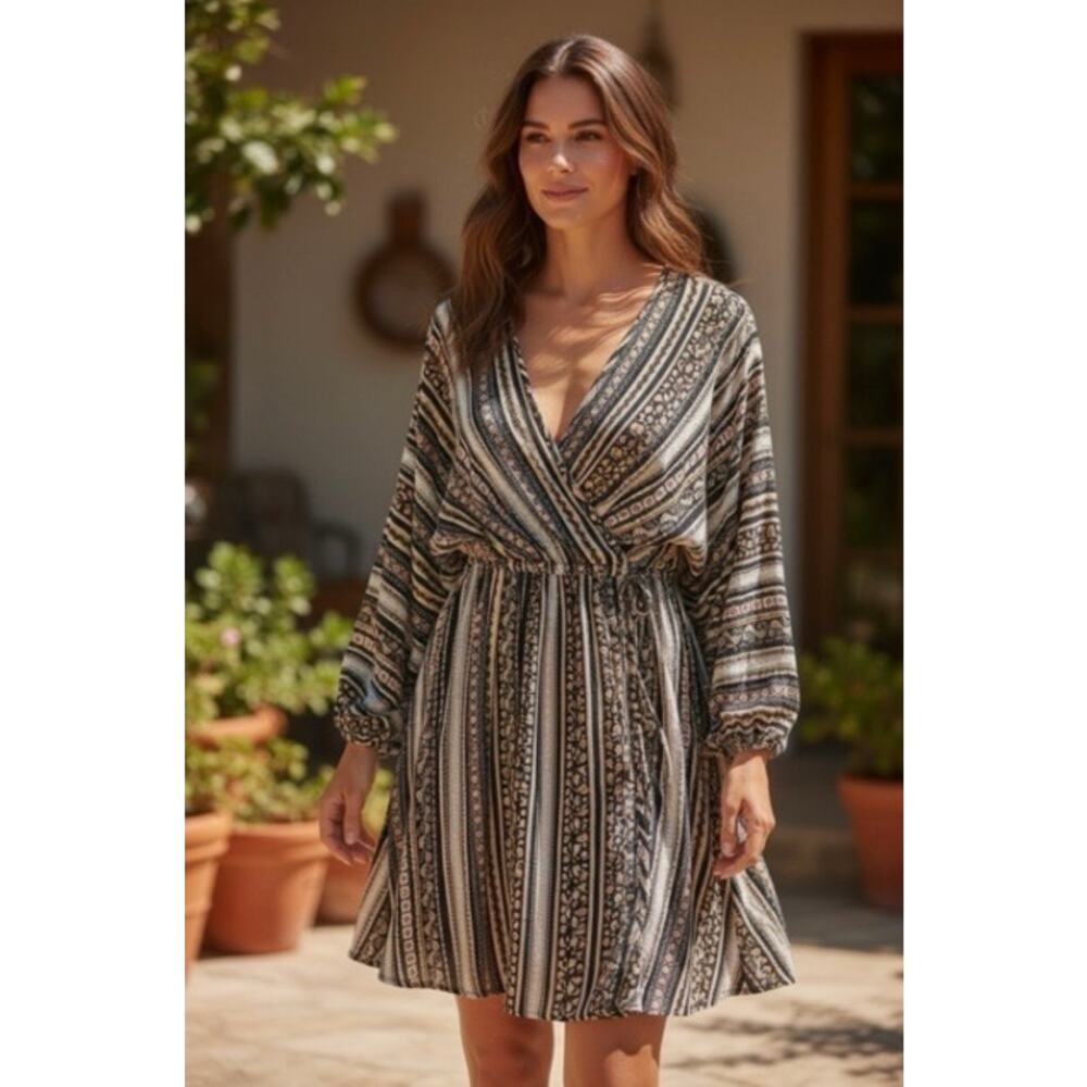 Haptics Boho Striped Dress Faux Wrap Black Tan Long Sleeves Pockets Women's 3X